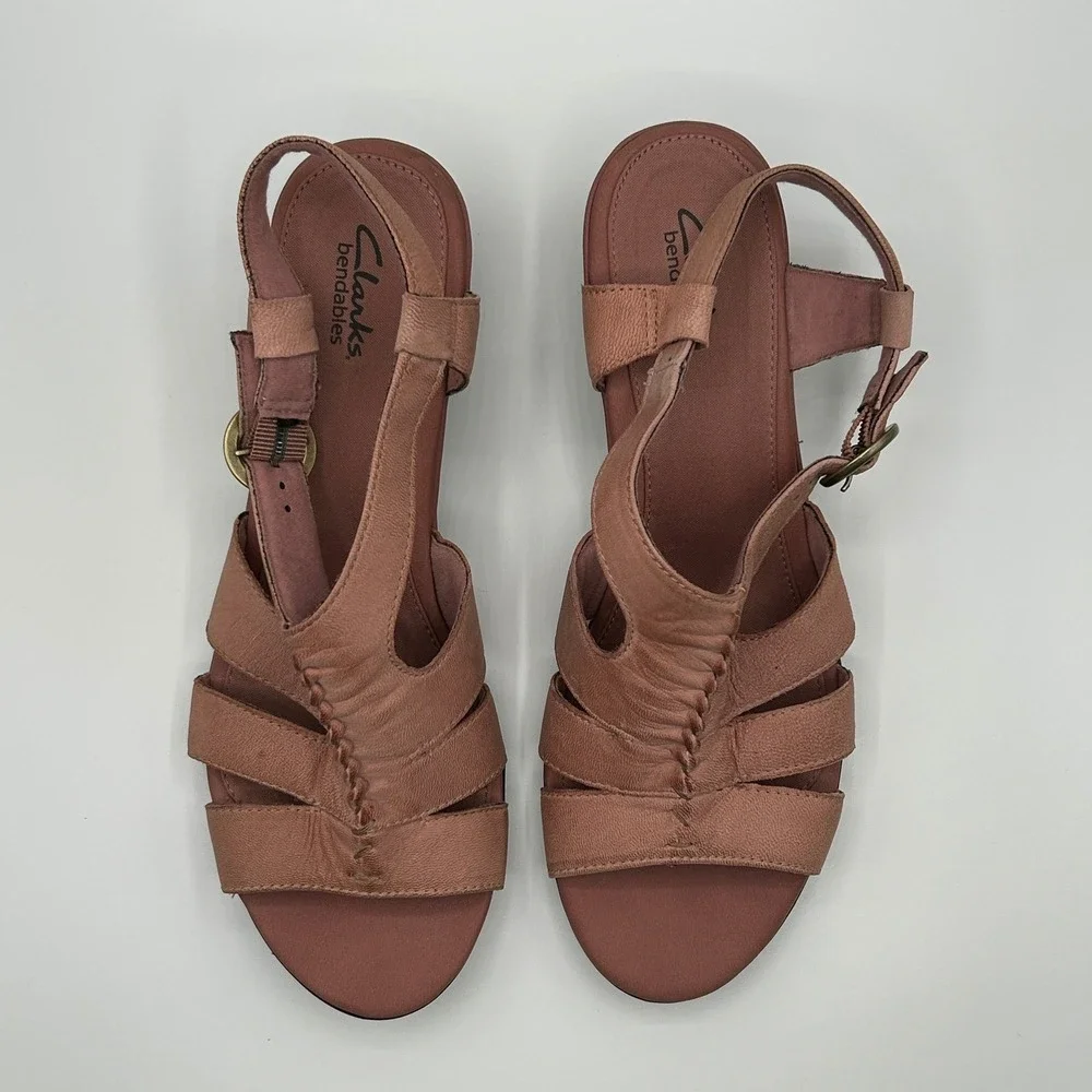 Clarks Bendables Dusty Rose Leather Ruched Wedge Slingback Sandals 9M Minimalist